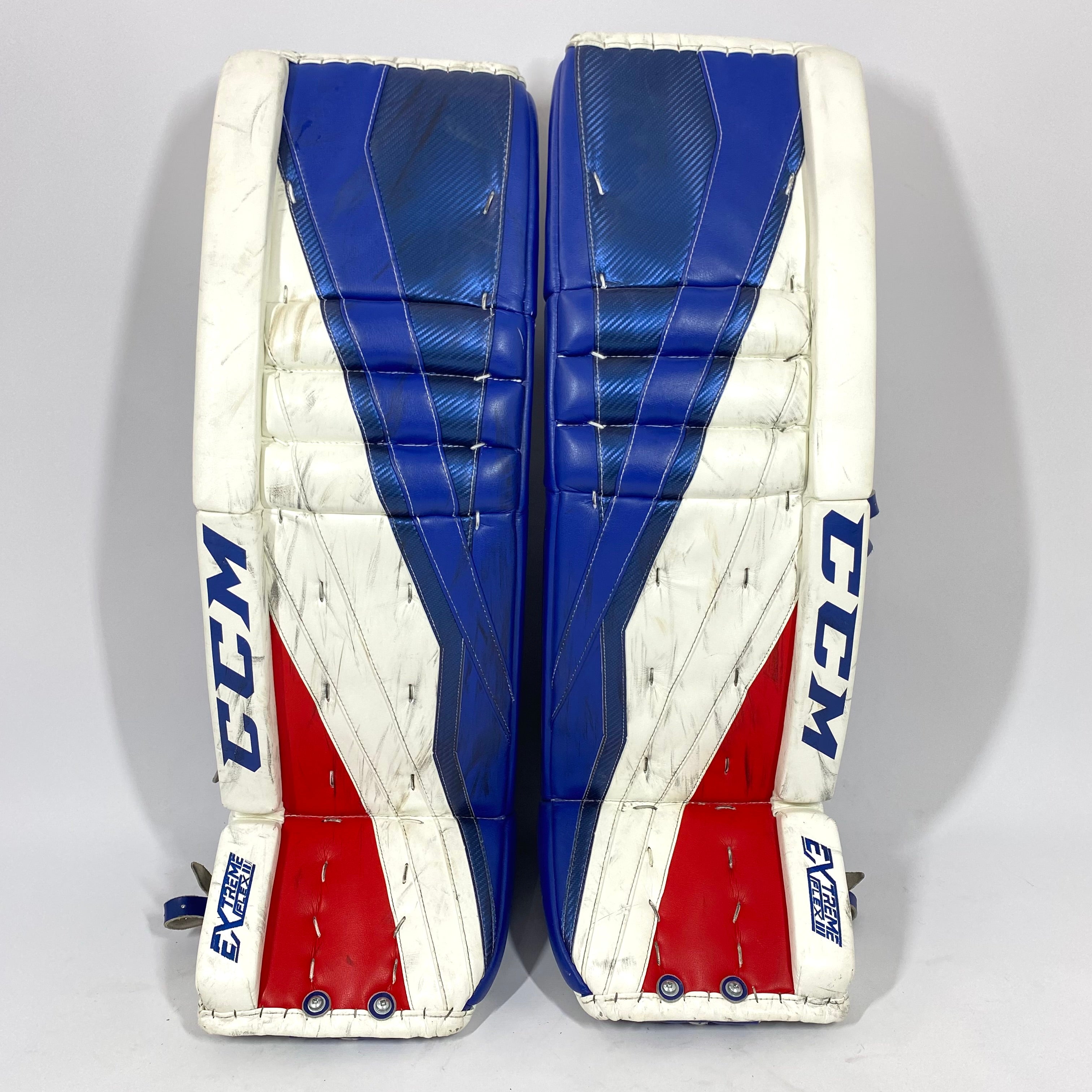CCM Extreme Flex III - Jambières de gardien de but NCAA Pro Stock Senior d'occasion (blanc/bleu/rouge)